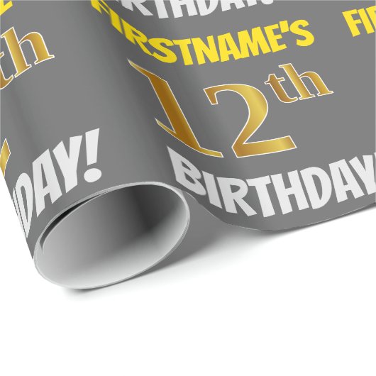 Grijs, Faux/Imitation Gold, "12th BIRTHDAY" Cadeaupapier (Rol Hoek)