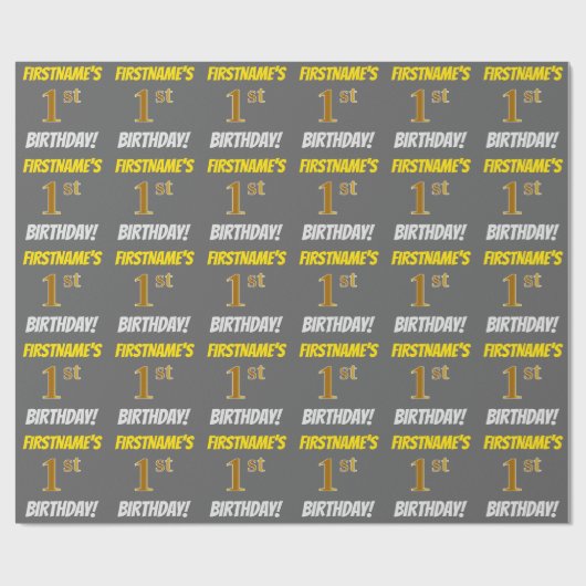 Grijs, Faux/Imitation Gold, "1st BIRTHDAY" Cadeaupapier (Vlak)