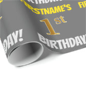 Grijs, Faux/Imitation Gold, "1st BIRTHDAY" Cadeaupapier (Rol Hoek)