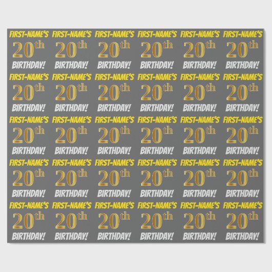 Grijs, Faux/Imitation Gold, "20th BIRTHDAY" Cadeaupapier (Vlak)