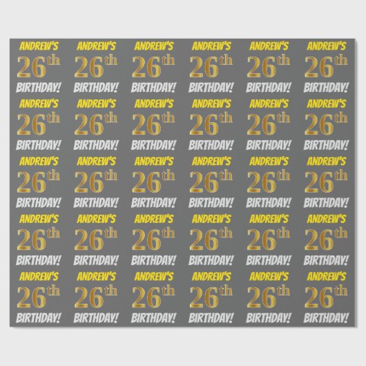 Grijs, Faux/Imitation Gold, "26th BIRTHDAY" Cadeaupapier (Vlak)
