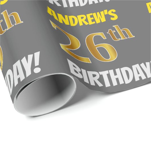 Grijs, Faux/Imitation Gold, "26th BIRTHDAY" Cadeaupapier (Rol Hoek)