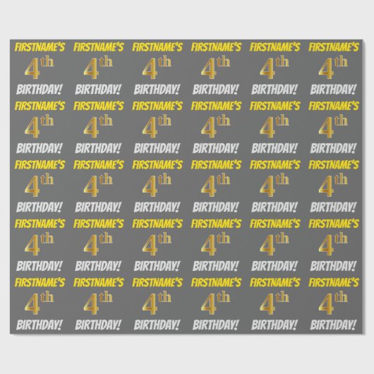 Grijs, Faux/Imitation Gold, "4th BIRTHDAY" Cadeaupapier (Vlak)