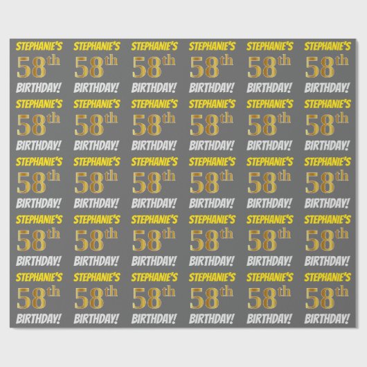 Grijs, Faux/Imitation Gold, "58th BIRTHDAY" Cadeaupapier (Vlak)