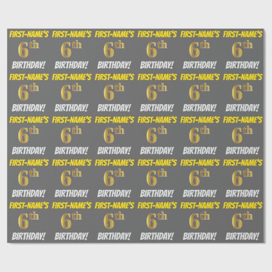 Grijs, Faux/Imitation Gold, "6th BIRTHDAY" Cadeaupapier (Vlak)