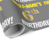 Grijs, Faux/Imitation Gold, "6th BIRTHDAY" Cadeaupapier (Rol Hoek)