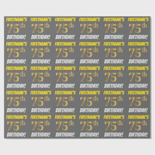 Grijs, Faux/Imitation Gold, "75th BIRTHDAY" Cadeaupapier (Vlak)