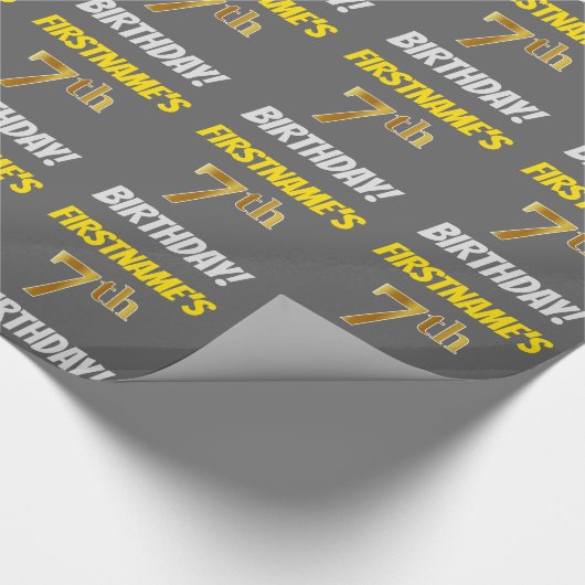 Grijs, Faux/Imitation Gold, "7th BIRTHDAY" Cadeaupapier (Hoek)