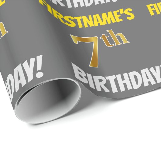 Grijs, Faux/Imitation Gold, "7th BIRTHDAY" Cadeaupapier (Rol Hoek)