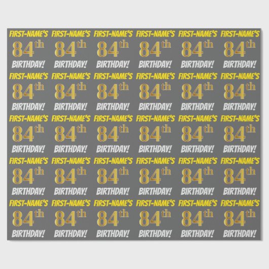 Grijs, Faux/Imitation Gold, "84th BIRTHDAY" Cadeaupapier (Vlak)