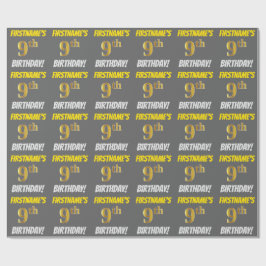 Grijs, Faux/Imitation Gold, "9e BIRTHDAY" Cadeaupapier