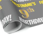 Grijs, Faux/Imitation Gold, "9e BIRTHDAY" Cadeaupapier (Rol Hoek)