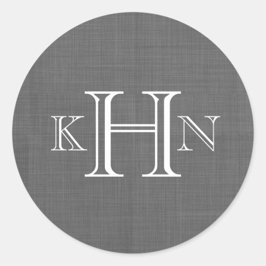 Grijs Faux Linnen Custom Monogram Ronde Sticker (Voorkant)
