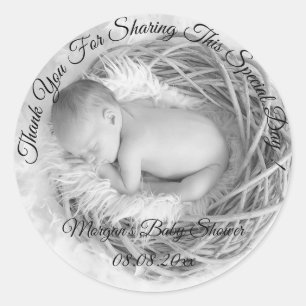 Grijs Foto Baby shower Dank u naam Ronde Sticker