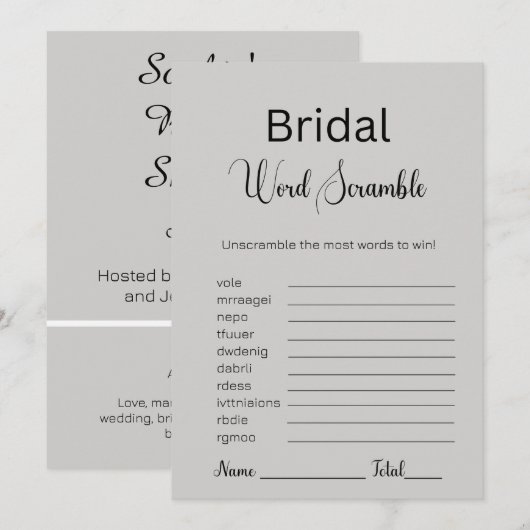Grijs Gans Bruids Woord Scramble Spel Kaart (Voorkant / Achterkant)