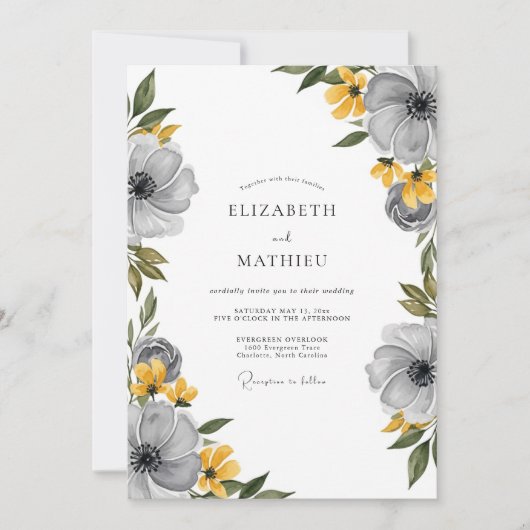 Grijs Geel Bloemig Lentewedding Kaart (Voorkant)