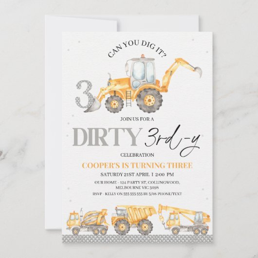 Grijs Geel Bouw Vuile 3e-y 3e Verjaardag Kaart (Voorkant)