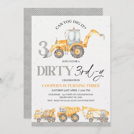 Grijs Geel Bouw Vuile 3e-y 3e Verjaardag Kaart (Voorkant / Achterkant)