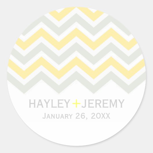 Grijs & Geel Chevron Trouwsticker Ronde Sticker (Voorkant)