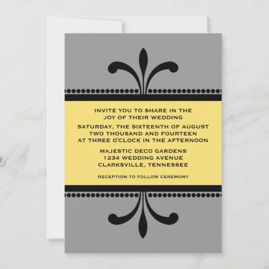 Grijs/Geel Fancy Kunst Deco Wedding Invite Kaart (Achterkant)