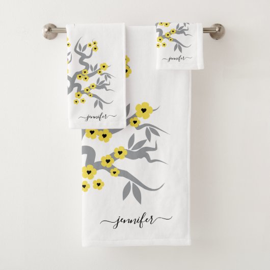 Grijs geel liefde vogels sakura kersenboom bloesem bad handdoek (Insitu)