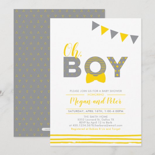 Grijs & Geel | Moderne typografie jongens babyshow Kaart (Voorkant / Achterkant)