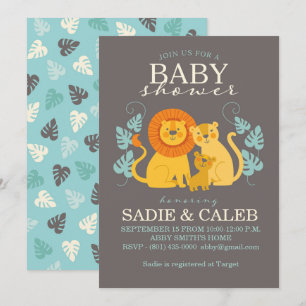 Grijs, Geel, Oerwoud Leeuw Baby shower Uitnodiging