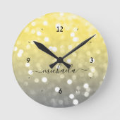 Grijs geel sprankelend bokeh Aangepaste naam Ronde Klok (Voorkant)