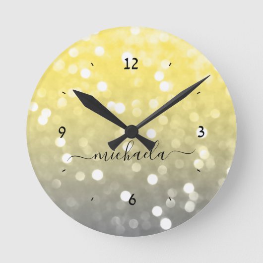 Grijs geel sprankelend bokeh Aangepaste naam Ronde Klok (Voorkant)