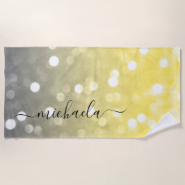 Grijs geel sprankelend bokeh Aangepaste naam Strandlaken
