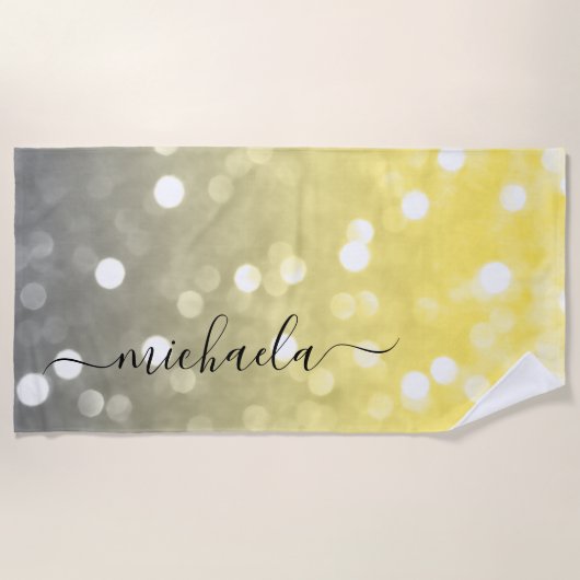 Grijs geel sprankelend bokeh Aangepaste naam Strandlaken (Voorkant)