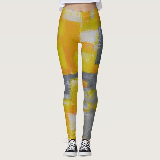 grijs geel wit abstract kunstschilderij leggings (Voorkant)
