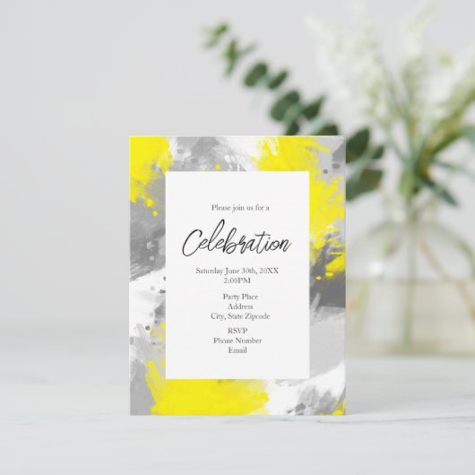 Grijs Gele Abstracte uitnodiging voor penseelstrek (Staand voorkant)