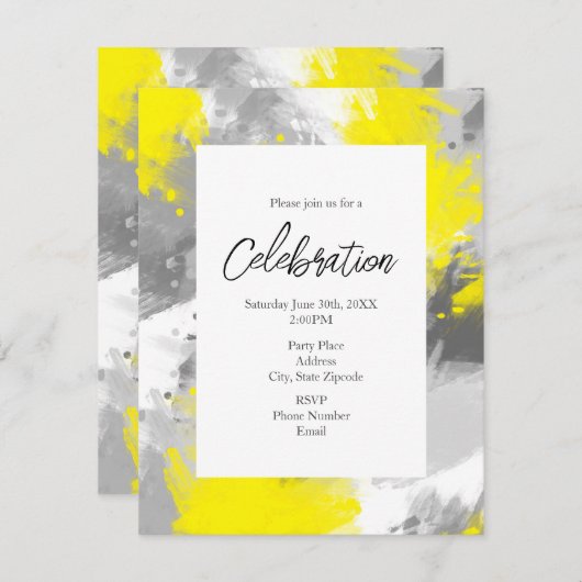 Grijs Gele Abstracte uitnodiging voor penseelstrek (Voorkant / Achterkant)