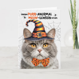 Grijs Gemarmerde Halloween Kat PURRanormal MEOWolw Feestdagen Kaart