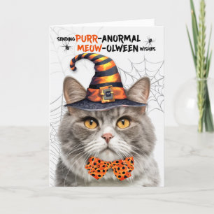 Grijs Gemarmerde Halloween Kat PURRanormal MEOWolw Feestdagen Kaart