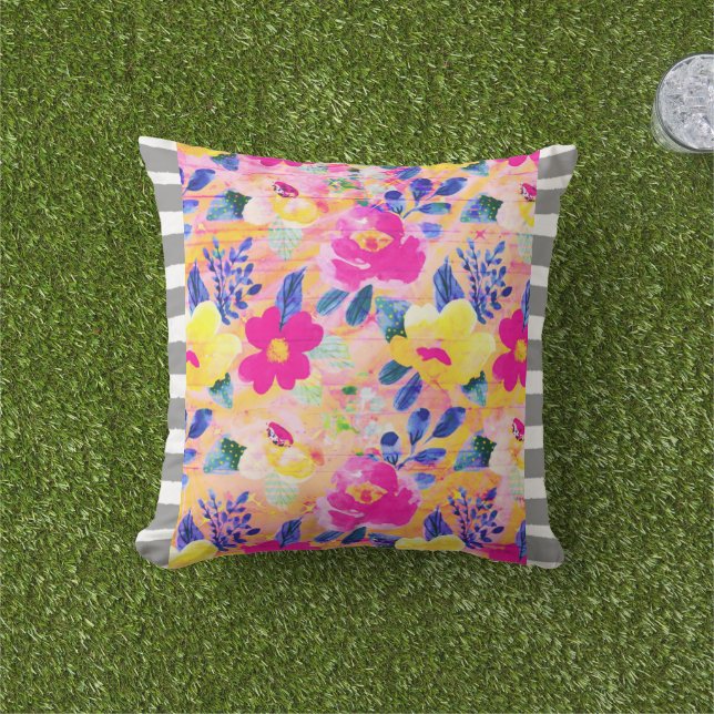 Grijs Gestreept Trim Roze Bloemen Sierkussen (Gras)