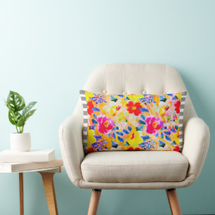 Grijs Gestreept Trim Sinaasappel Bloemen Sierkusse Kussen