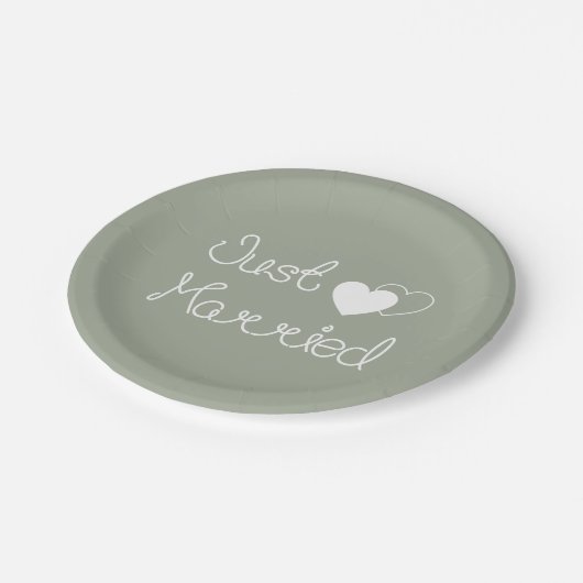 Grijs, gewoon getrouwd met witte harten bruiloft papieren bordje (Gekanteld)