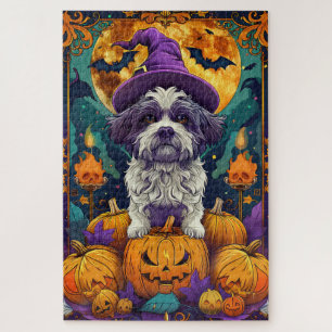 Grijs-gezichts Shih Tzu-hond Halloween-heks en pom Legpuzzel