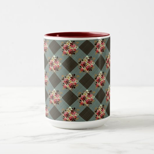 Grijs Gingham en Bourgondië Bloemenland Mok (Midden)