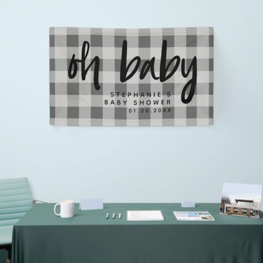 Grijs Gingham Modern Baby shower Spandoek (Beurs)
