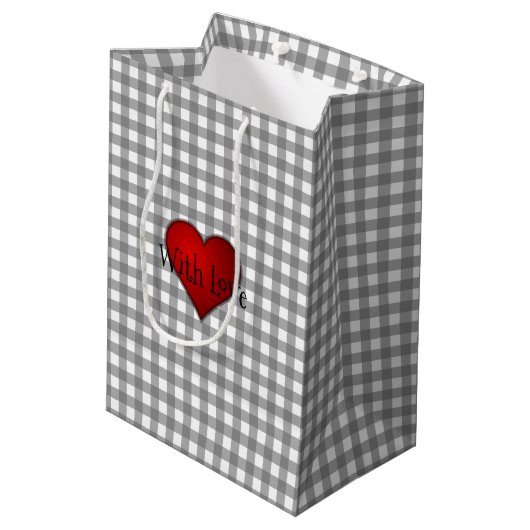 Grijs Gingham Rood hart Met Liefde Medium Cadeauzakje (Achterkant Gekanteld)