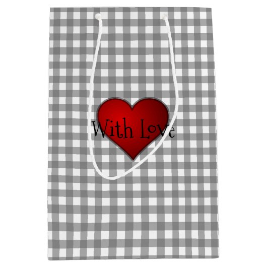 Grijs Gingham Rood hart Met Liefde Medium Cadeauzakje (Voorkant)