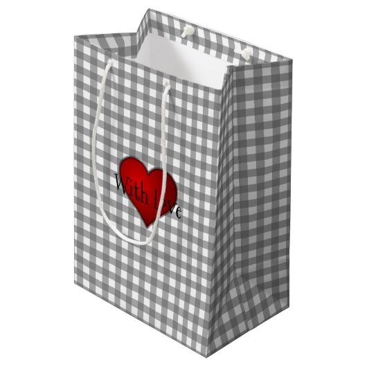 Grijs Gingham Rood hart Met Liefde Medium Cadeauzakje (Voorkant Gekanteld)