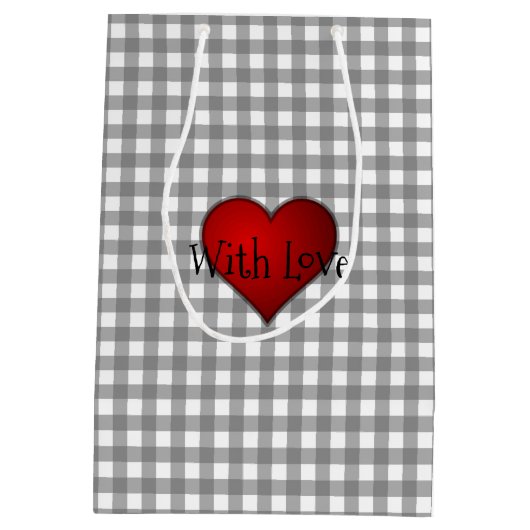 Grijs Gingham Rood hart Met Liefde Medium Cadeauzakje (Achterkant)