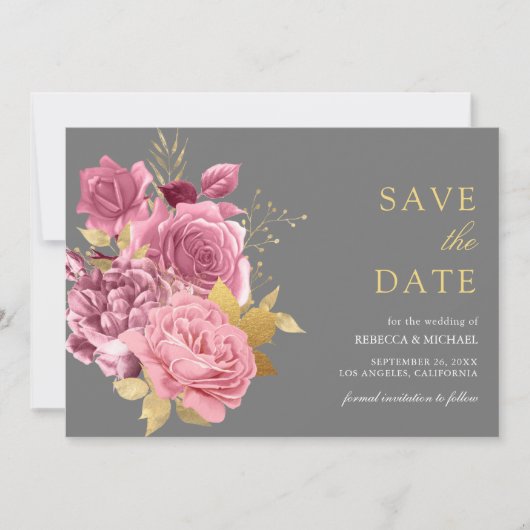 Grijs Goud Dusty Mauve Roze Bloemen Huwelijk Save The Date (Voorkant)