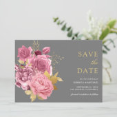 Grijs Goud Dusty Mauve Roze Bloemen Huwelijk Save The Date (Staand voorkant)