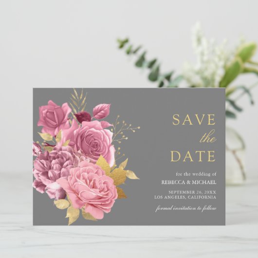 Grijs Goud Dusty Mauve Roze Bloemen Huwelijk Save The Date (Staand voorkant)