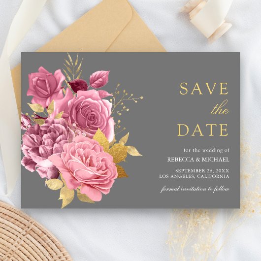 Grijs Goud Dusty Mauve Roze Bloemen Huwelijk Save The Date